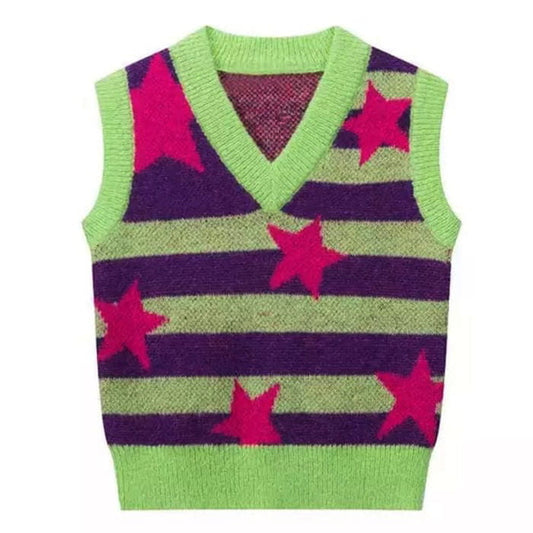 Vintage Star Striped Vest - S / Green/purple - Cardigan