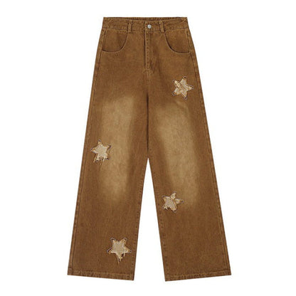 Vintage Style Star Patch Jeans - S / Brown