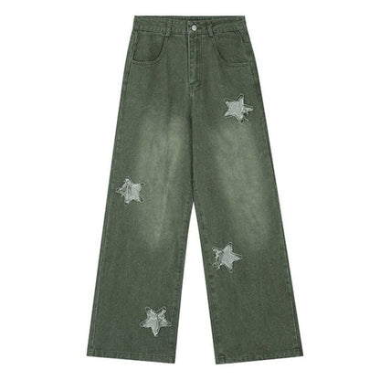 Vintage Style Star Patch Jeans - S / Green