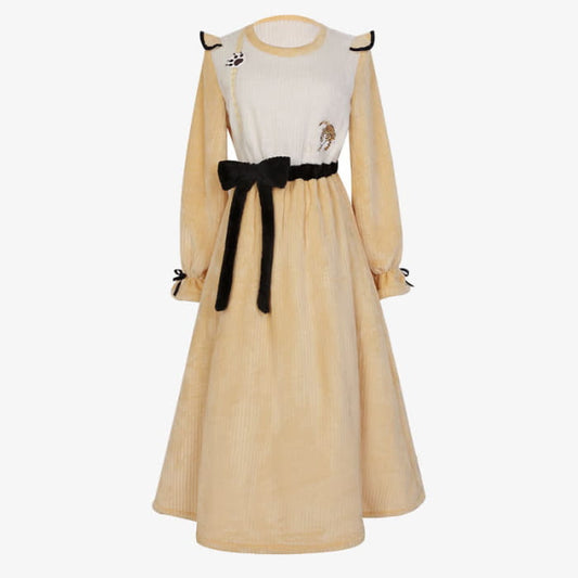 Vintage Tiger Embroidery Bow Knot Plush Dress - Yellow / S