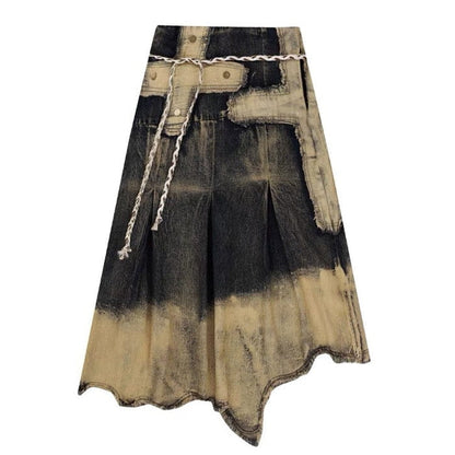 Vintage Washed Long Denim Skirt - S / Brown/grey