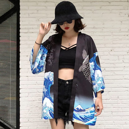 Vintage Wave Carp Print Casual Cardigan Kimono Outerwear