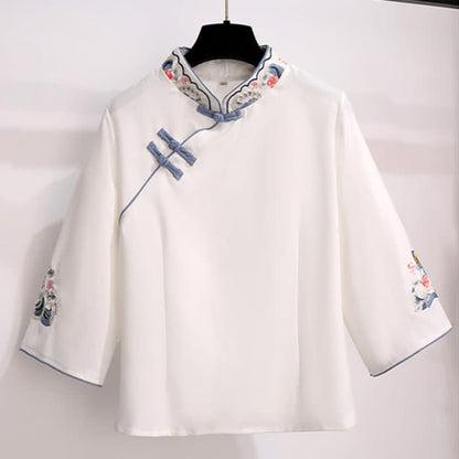 Vintage White Hanfu Buckle Shirt Tassel Skirt - Blue / M