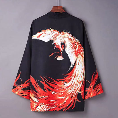 Vivid Phoenix Print Kimono Outerwear Sun Protective - Black