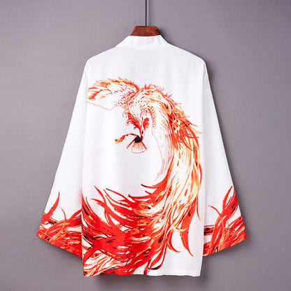 Vivid Phoenix Print Kimono Outerwear Sun Protective - White