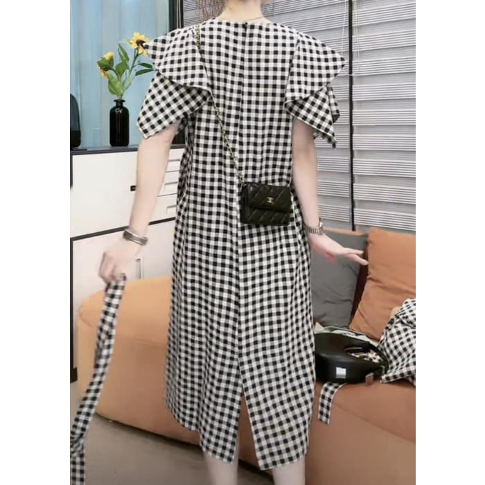 Vogue Black Plaid Tie Waist Long Dresses Short Sleeve