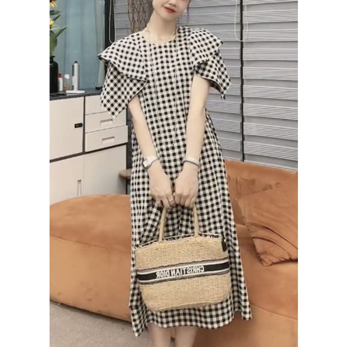 Vogue Black Plaid Tie Waist Long Dresses Short Sleeve