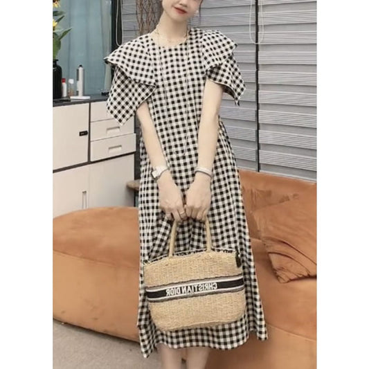 Vogue Black Plaid Tie Waist Long Dresses Short Sleeve