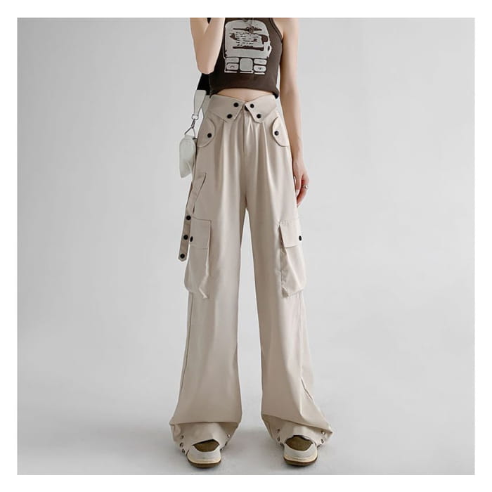 Waist Detailed Pocketed High Plain Wide Leg Cargo Pants