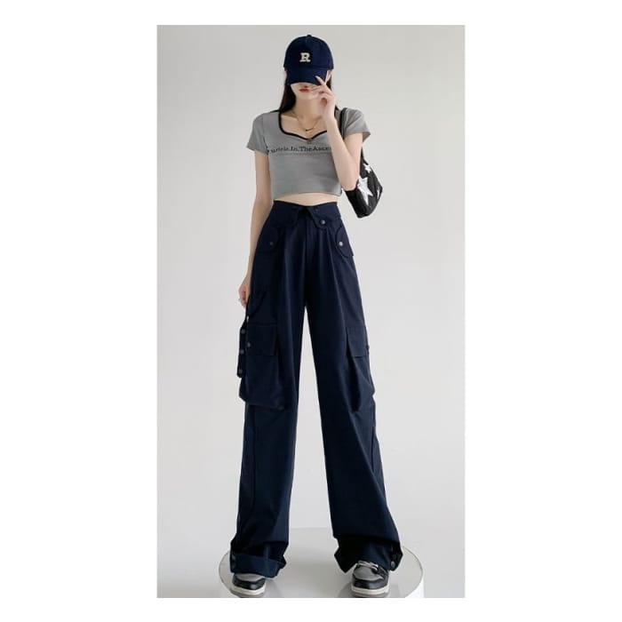 Waist Detailed Pocketed High Plain Wide Leg Cargo Pants