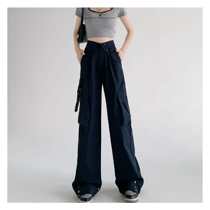 Waist Detailed Pocketed High Plain Wide Leg Cargo Pants