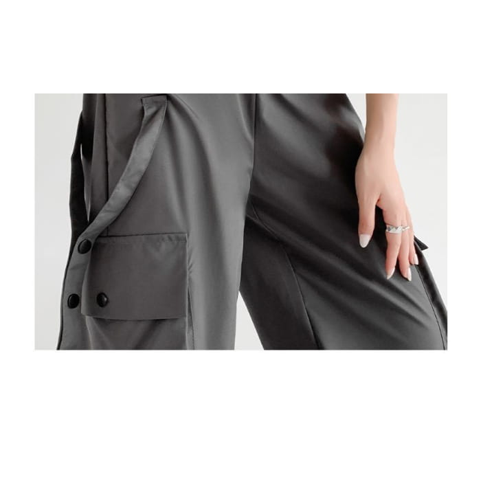 Waist Detailed Pocketed High Plain Wide Leg Cargo Pants