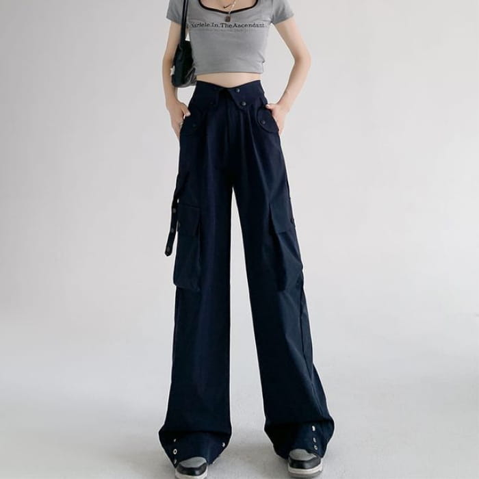 Waist Detailed Pocketed High Plain Wide Leg Cargo Pants