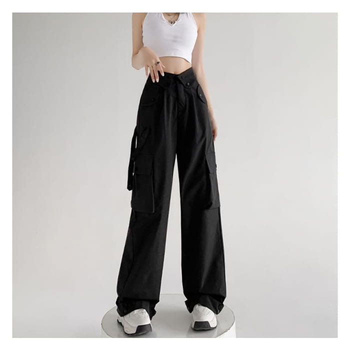 Waist Detailed Pocketed High Plain Wide Leg Cargo Pants