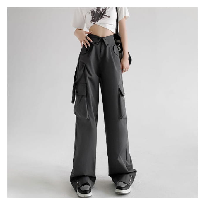 Waist Detailed Pocketed High Plain Wide Leg Cargo Pants