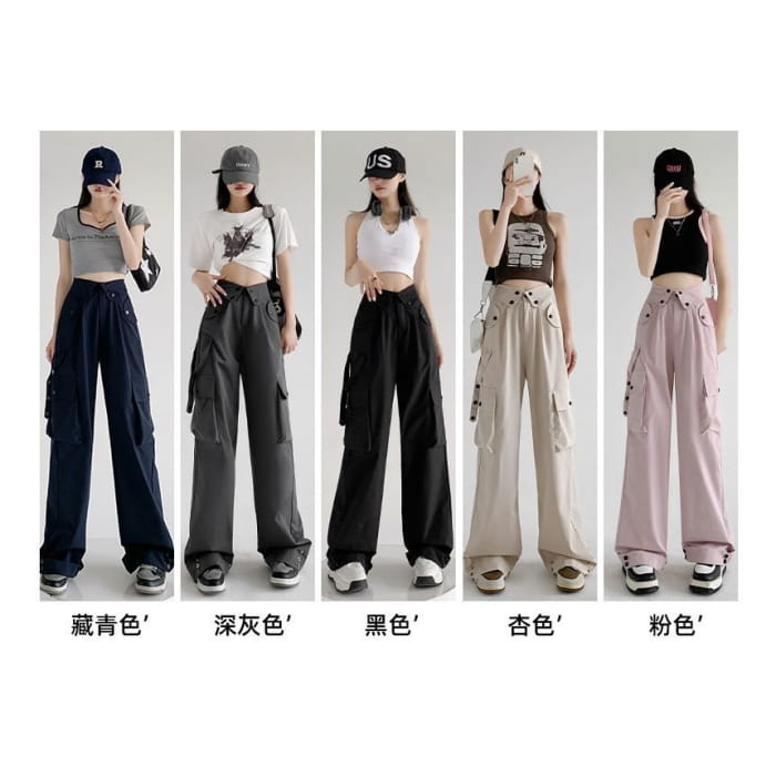 Waist Detailed Pocketed High Plain Wide Leg Cargo Pants