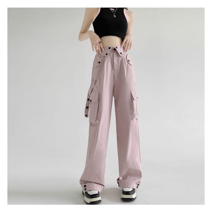 Waist Detailed Pocketed High Plain Wide Leg Cargo Pants