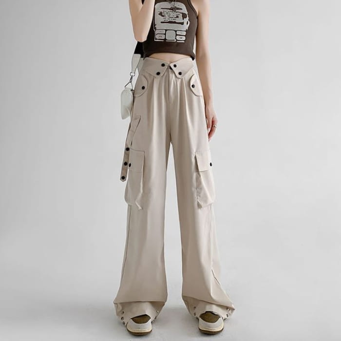 Waist Detailed Pocketed High Plain Wide Leg Cargo Pants