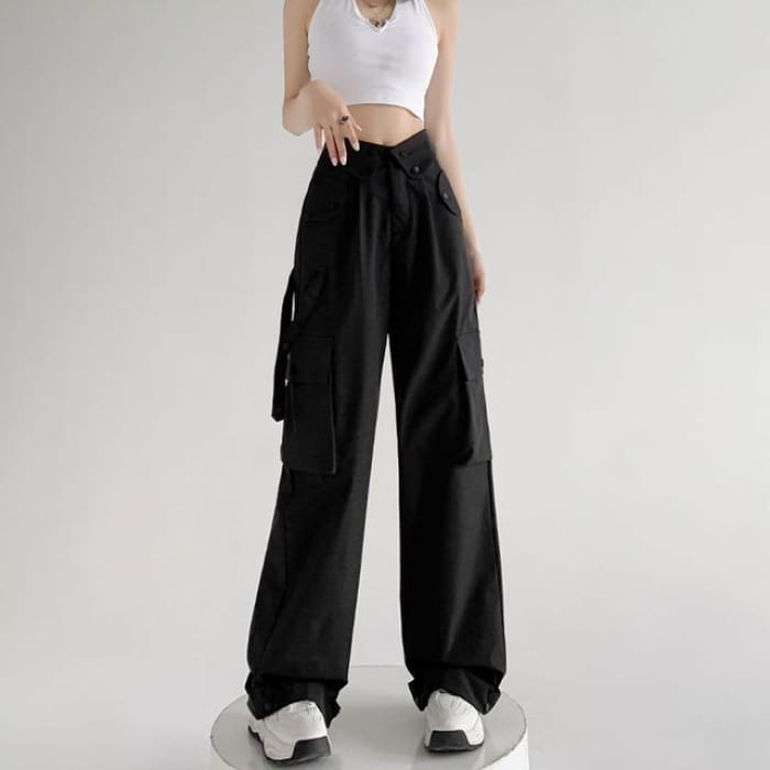 Waist Detailed Pocketed High Plain Wide Leg Cargo Pants