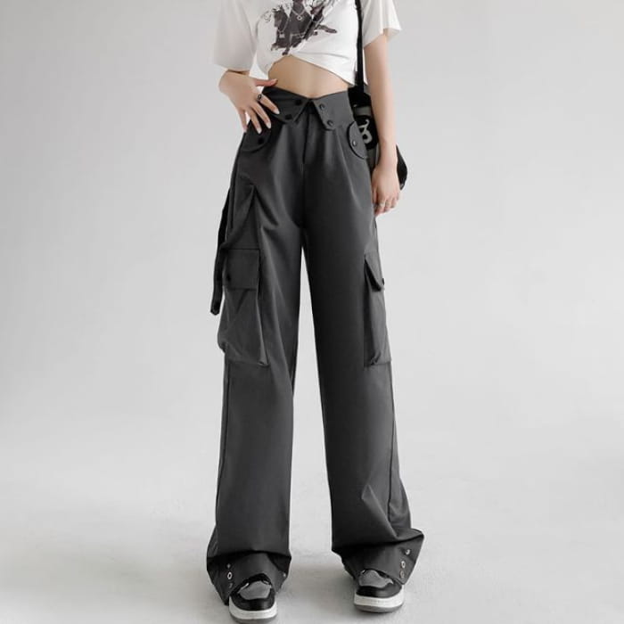 Waist Detailed Pocketed High Plain Wide Leg Cargo Pants