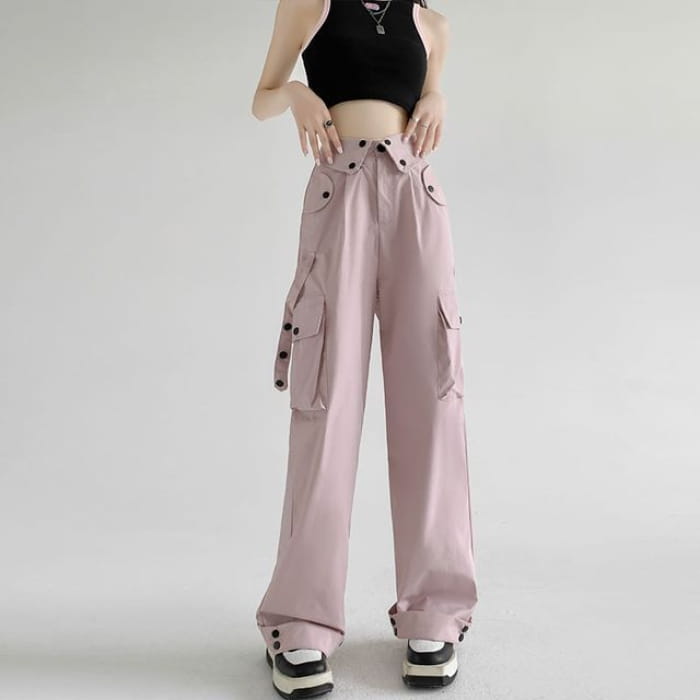 Waist Detailed Pocketed High Plain Wide Leg Cargo Pants