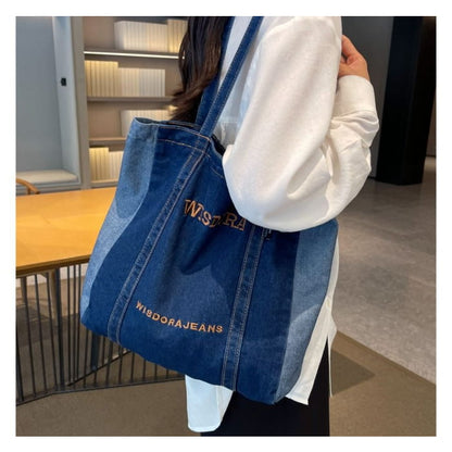 Washed Letter Embroidered Denim Tote Bag