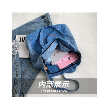 Washed Letter Embroidered Denim Tote Bag