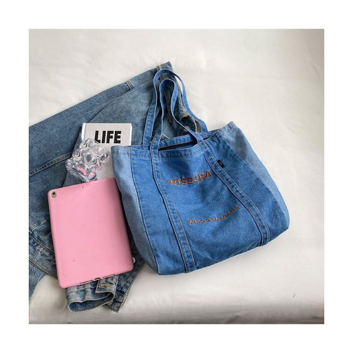 Washed Letter Embroidered Denim Tote Bag