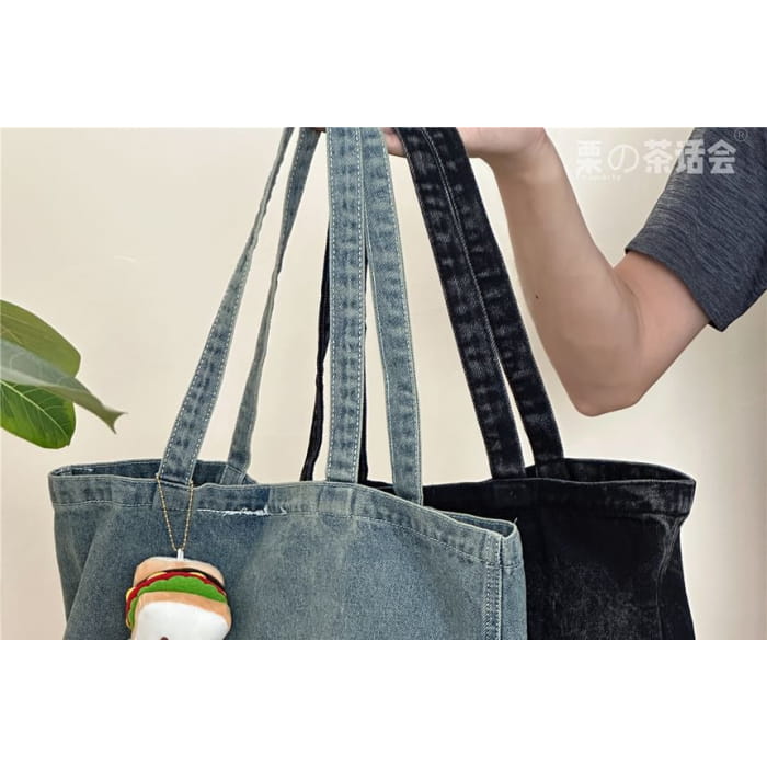 Washed Lettering Denim Tote Bag / Charm / Set