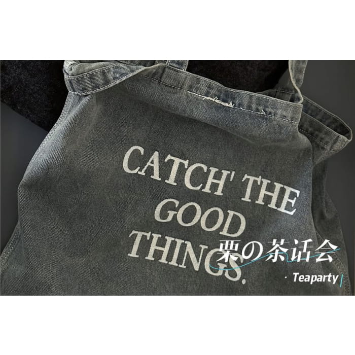 Washed Lettering Denim Tote Bag / Charm / Set