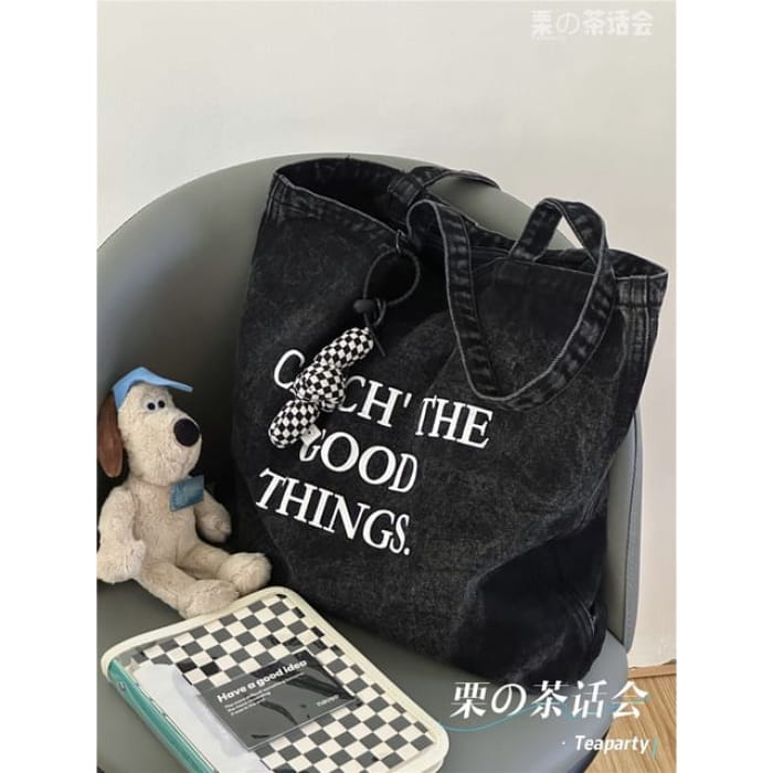 Washed Lettering Denim Tote Bag / Charm / Set - With Knot