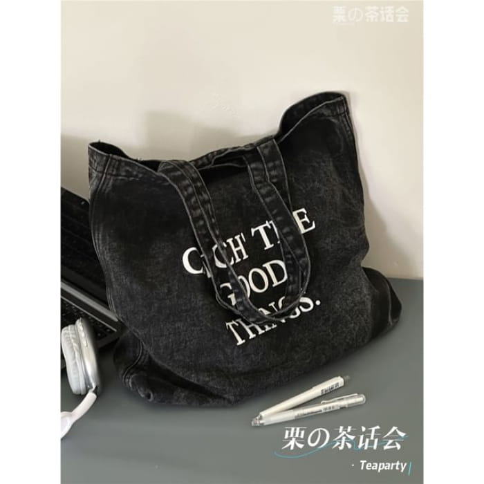 Washed Lettering Denim Tote Bag / Charm / Set - Without