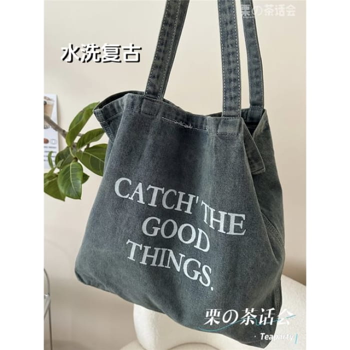 Washed Lettering Denim Tote Bag / Charm / Set - Without