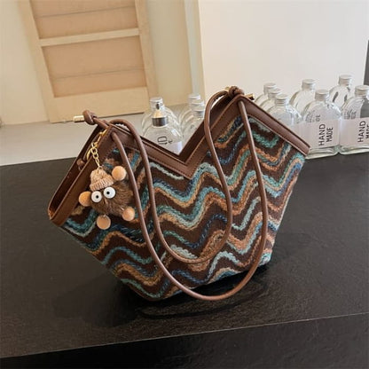 Wavy Striped Tote Bag / Charm / Set - With - Coffee