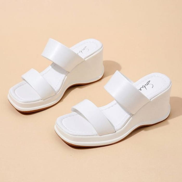 Wedge-Heel Plain Sandals - White / 35