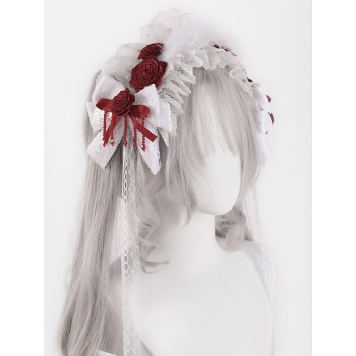 White Bowknots with Red Rosettes and Beads Hairband - &