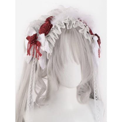 White Bowknots with Red Rosettes and Beads Hairband - &