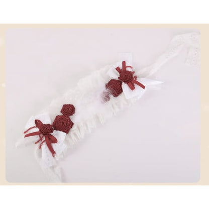 White Bowknots with Red Rosettes and Beads Hairband - &