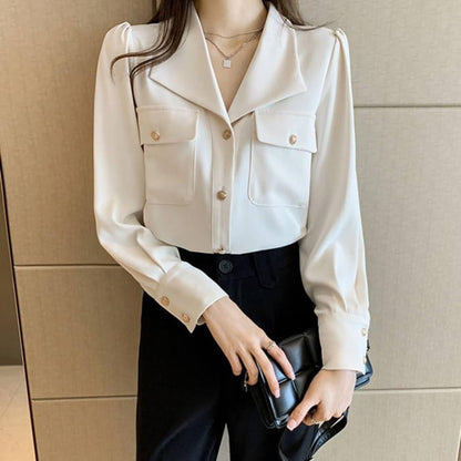 White Casual Lapel Neck Pocket Shirt