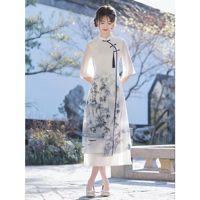 White Elegant Wide Sleeve Long Cheongsam - Female Hanfu