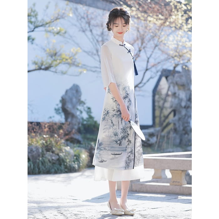 White Elegant Wide Sleeve Long Cheongsam - Female Hanfu