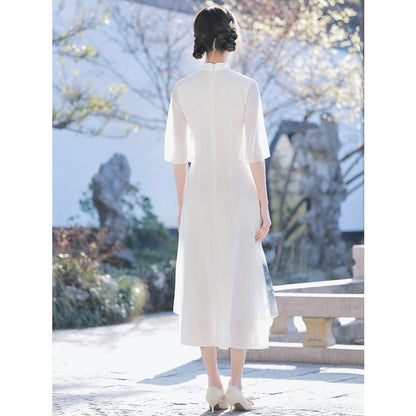 White Elegant Wide Sleeve Long Cheongsam - Female Hanfu