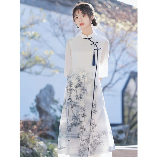 White Elegant Wide Sleeve Long Cheongsam - S - Female Hanfu