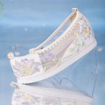 White Floral Embroidery Pearl Decor Mesh Shoes