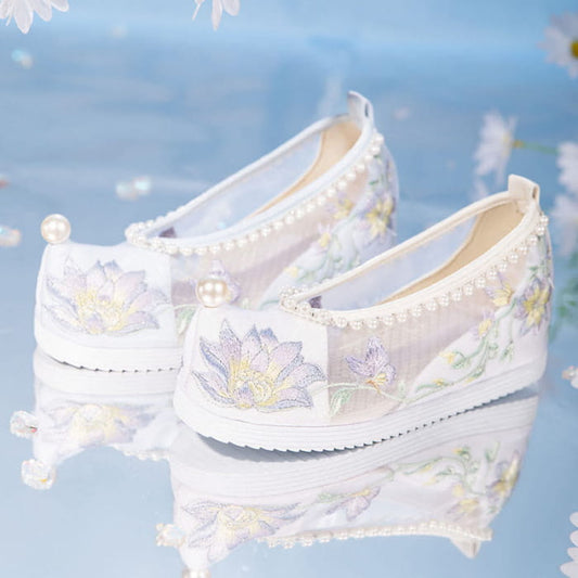 White Floral Embroidery Pearl Decor Mesh Shoes - 35