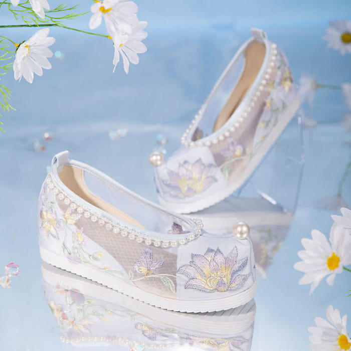 White Floral Embroidery Pearl Decor Mesh Shoes