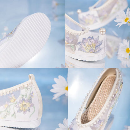 White Floral Embroidery Pearl Decor Mesh Shoes