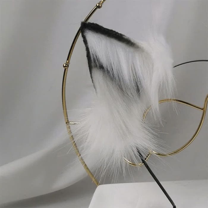 White Furry Fox Ears Tail Headband Accessory