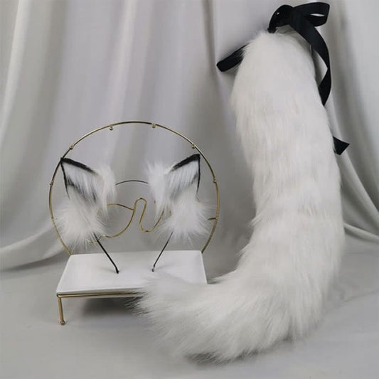 White Furry Fox Ears Tail Headband Accessory