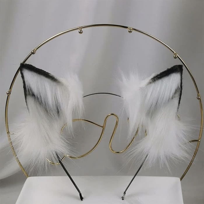 White Furry Fox Ears Tail Headband Accessory - Headwear